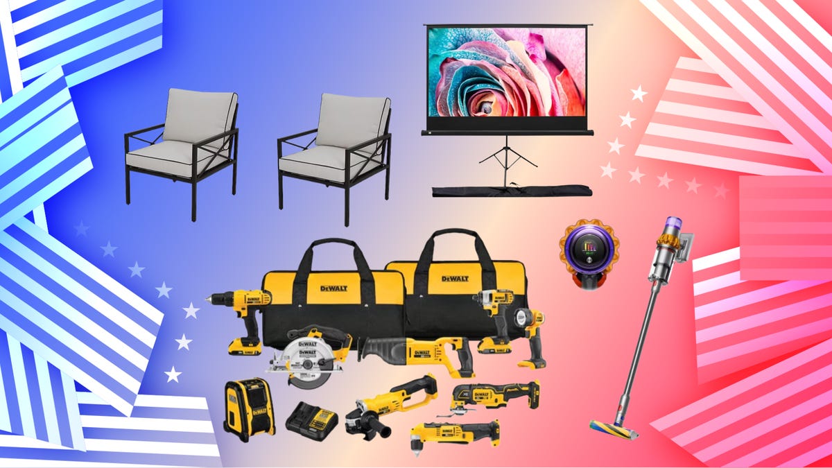 Foreground: top left - Glenaire grey chairs, bottom left - yellow and black Dewalt tool kit, top right: Kodak projector, bottom right: silver Dyson vacuum with purple accents. Background: blue, white and red gradient, stripes on left and right border.