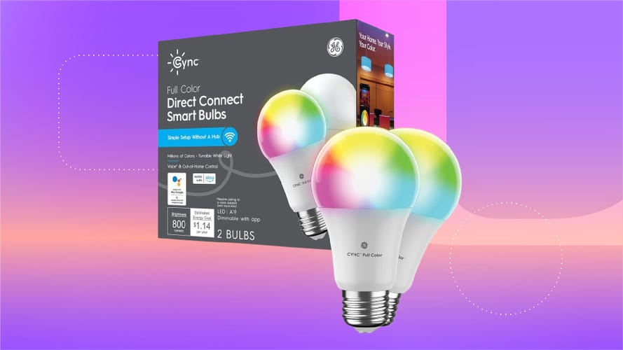 GE Cync Smart Light Bulbs on a colorful background