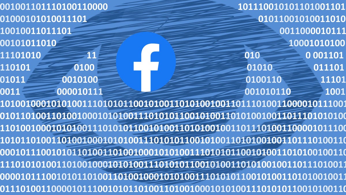 Facebook logo in a drawing outlining an eye, with a backdrop of ones and zeros