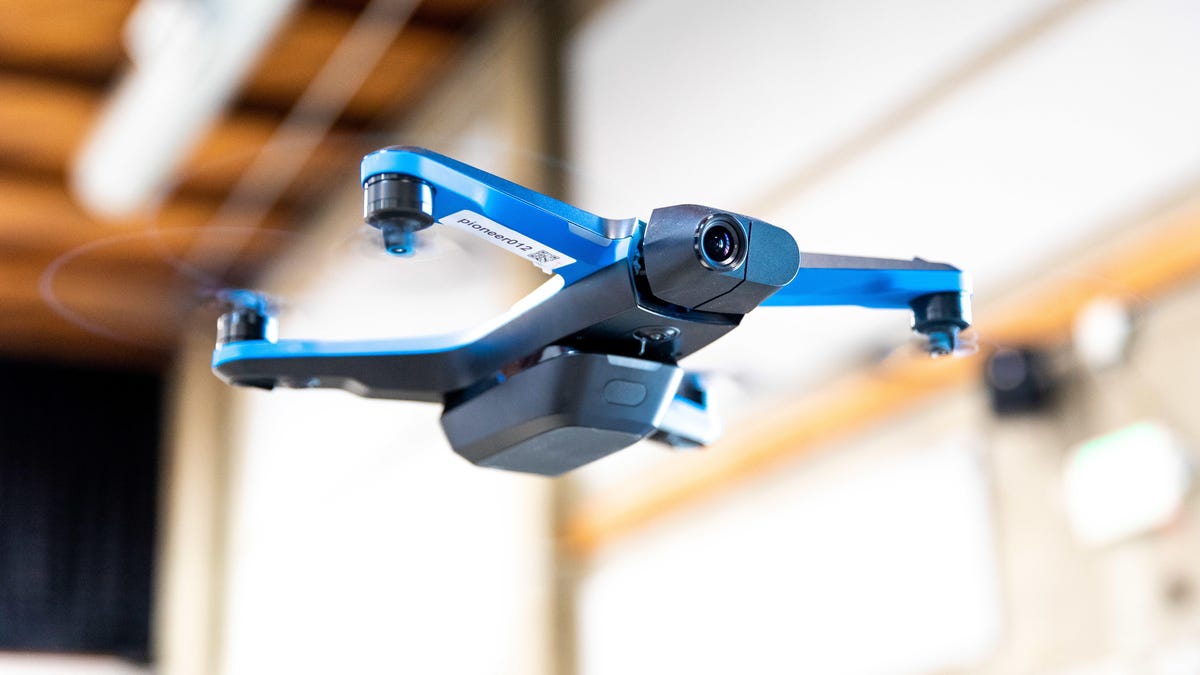 The 1,000 Skydio 2 drone has four propellers, six navigation cameras, a belly-mounted removable camera and a 4K main camera to shoot video.