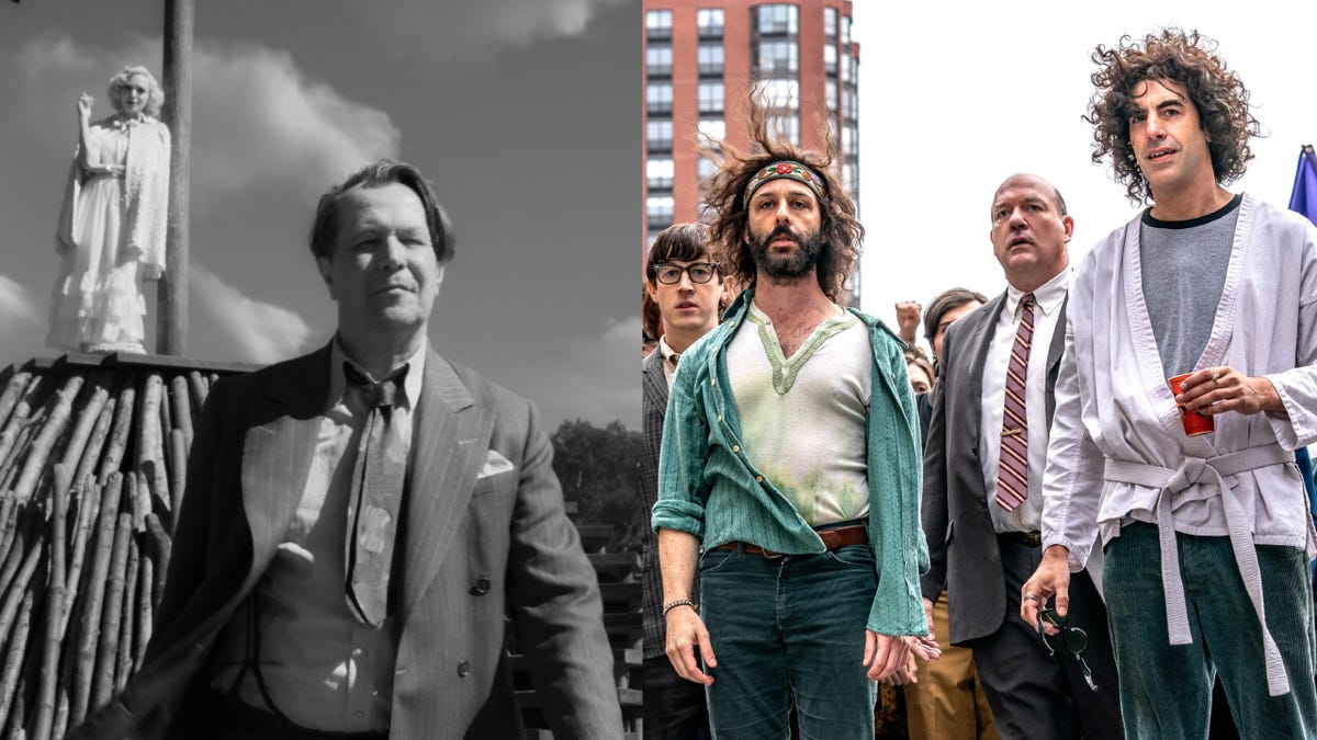 Stills from Mank and The Trial of the Chicago Seven