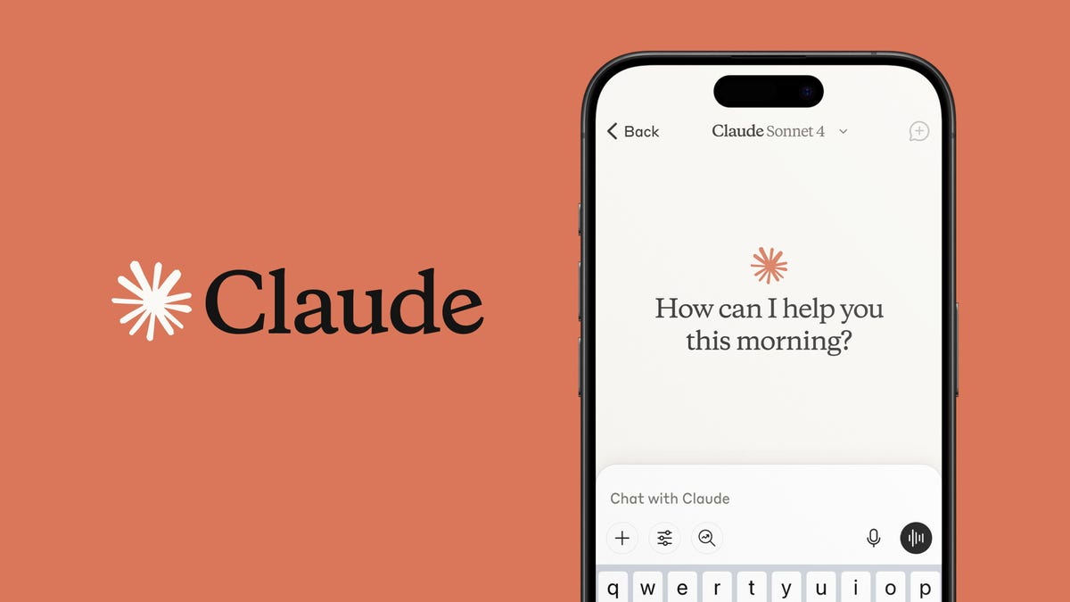 An image of Claude AI chatbot on a phone screen, asking how it can help this morning, next to the logo for Claude