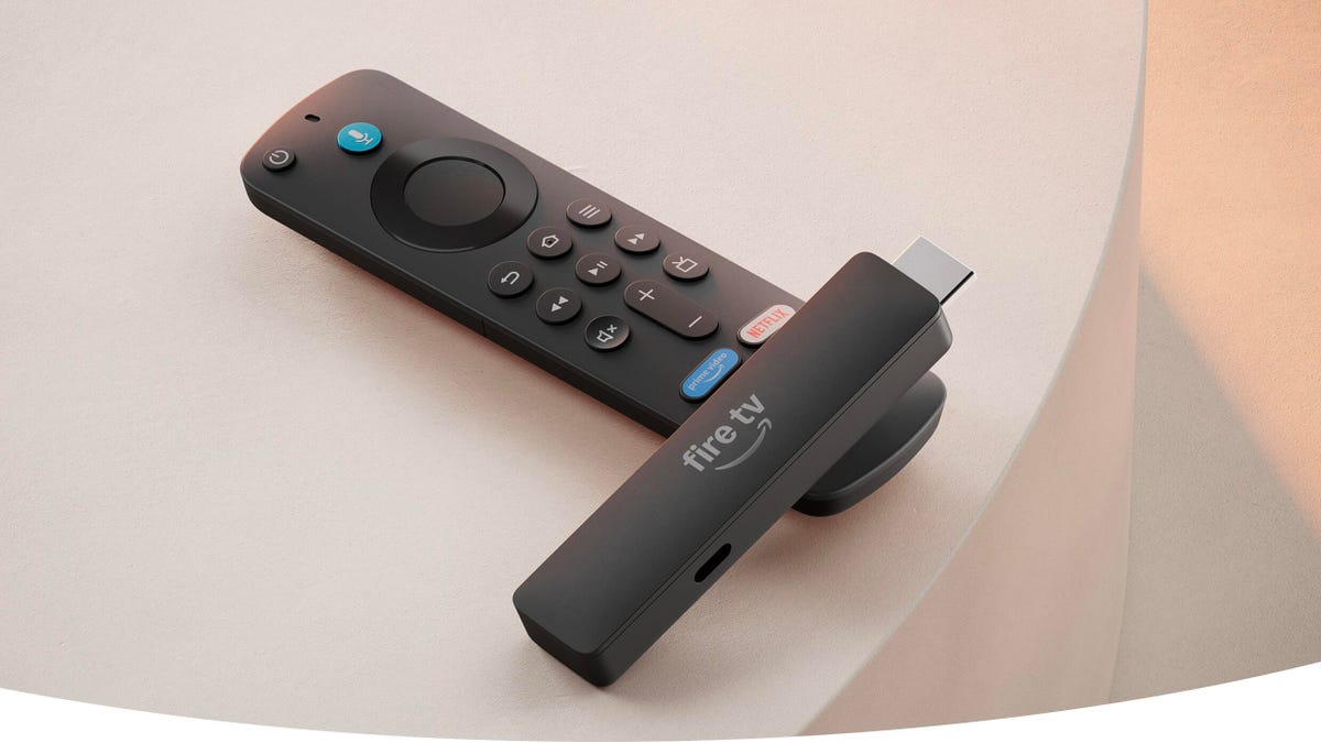 The new Fire TV Stick HD model sits with its remote.