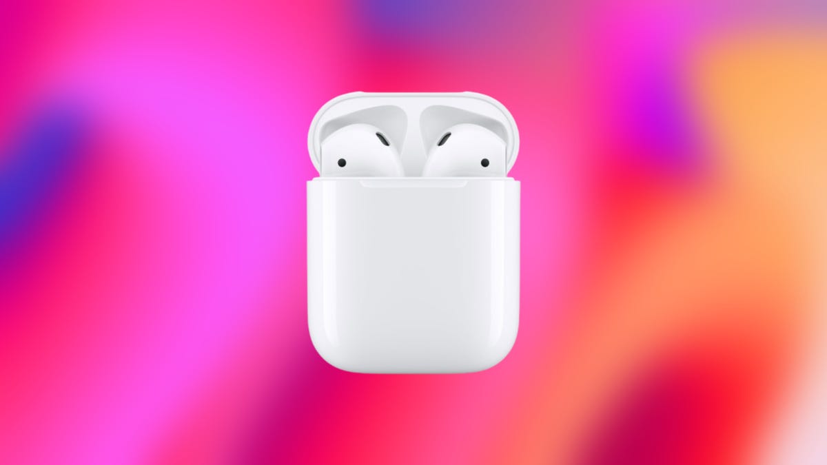 Shows the Apple Airpods (1st gen) on an orange background.