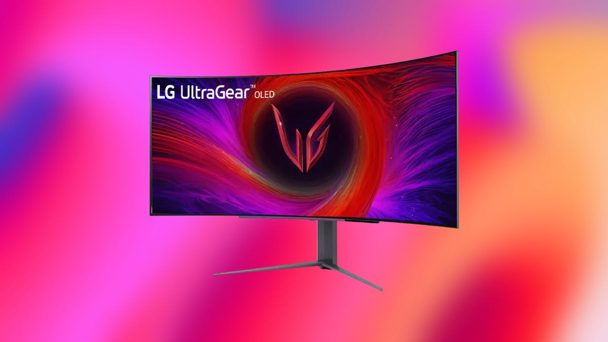 LG UltraGear 45-inch OLED monitor on red/pink background