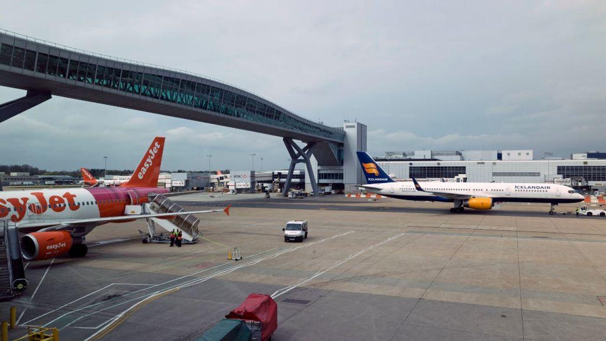 London Gatwick Airport, Surrey, UK Passenger air bridge.