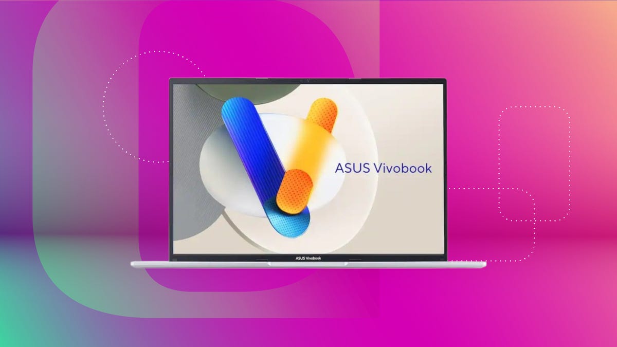 Shows the ASUS Vivobook 16 on a pink background.