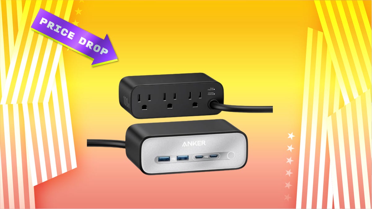 Anker charging station (front and back view) against yellow-peach gradient with stars and stripes on both sides, purple arrow with "price drop" text pointing to station