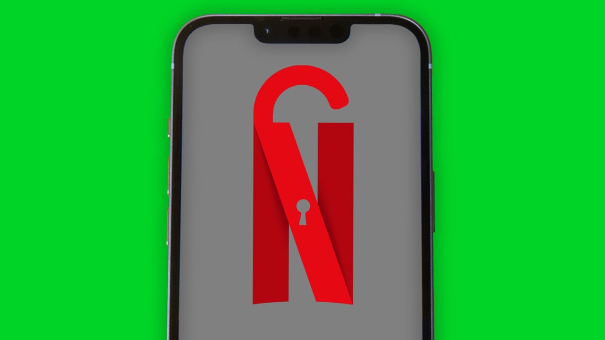 An iPhone shows an illustration of the Netflix logo with a padlock shackle and keyhole