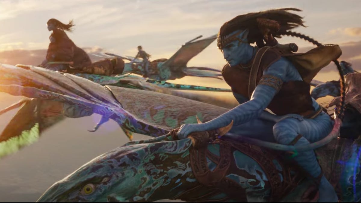 Blue aliens ride pterodactly-type creatures