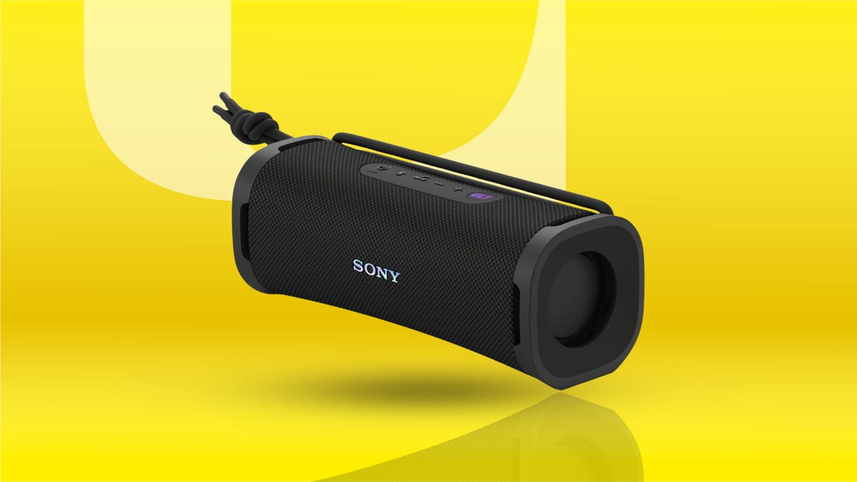 The Sony ULT Field 1 wireless Bluetooth speaker is displayed against a gradient yellow background.
