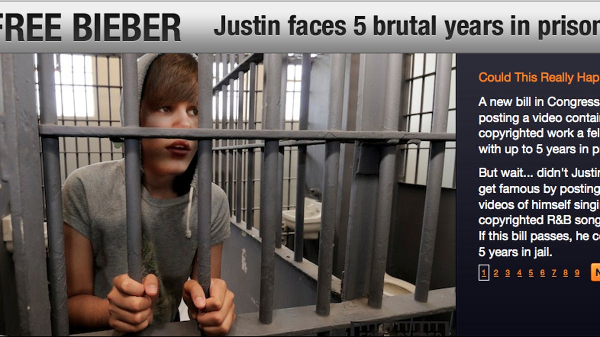 Screen snapshot from FreeBieber.org, which warns that everyone's favorite teen-pop icon would face jail time under proposed copyright law changes.