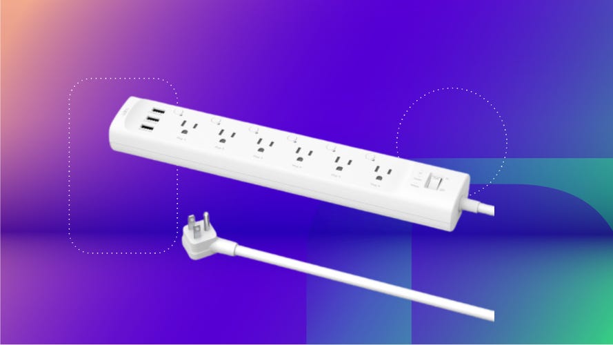 Tapo's white power strip against a CNET background.