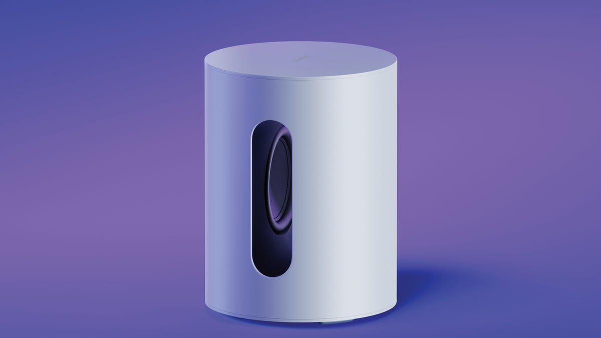 Sonos Sub Mini white speaker on a purple background