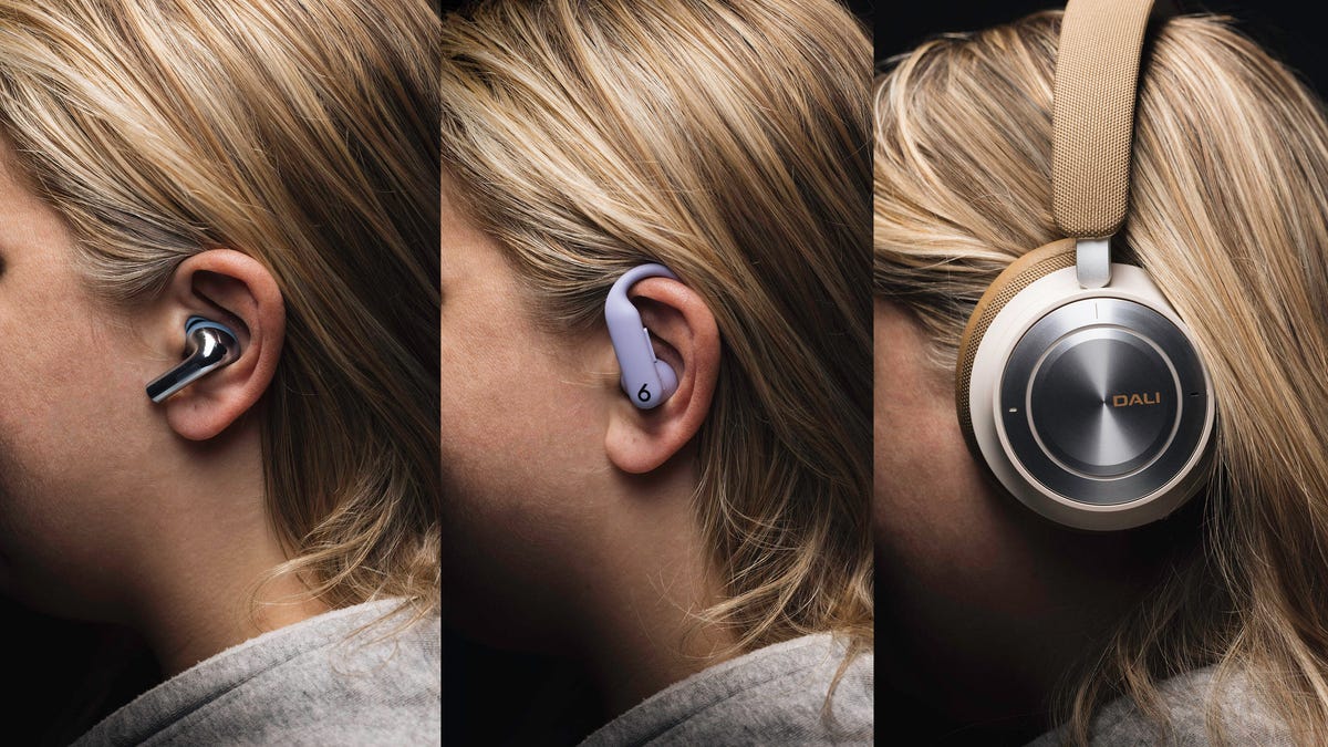 wireless headphones worn by someone with blonde hair