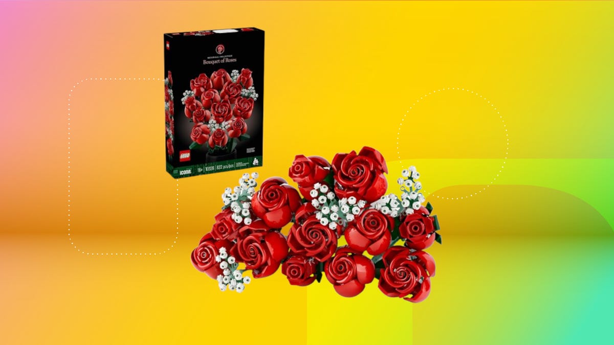 Shows the Lego bouquet of roses on a yellow background.