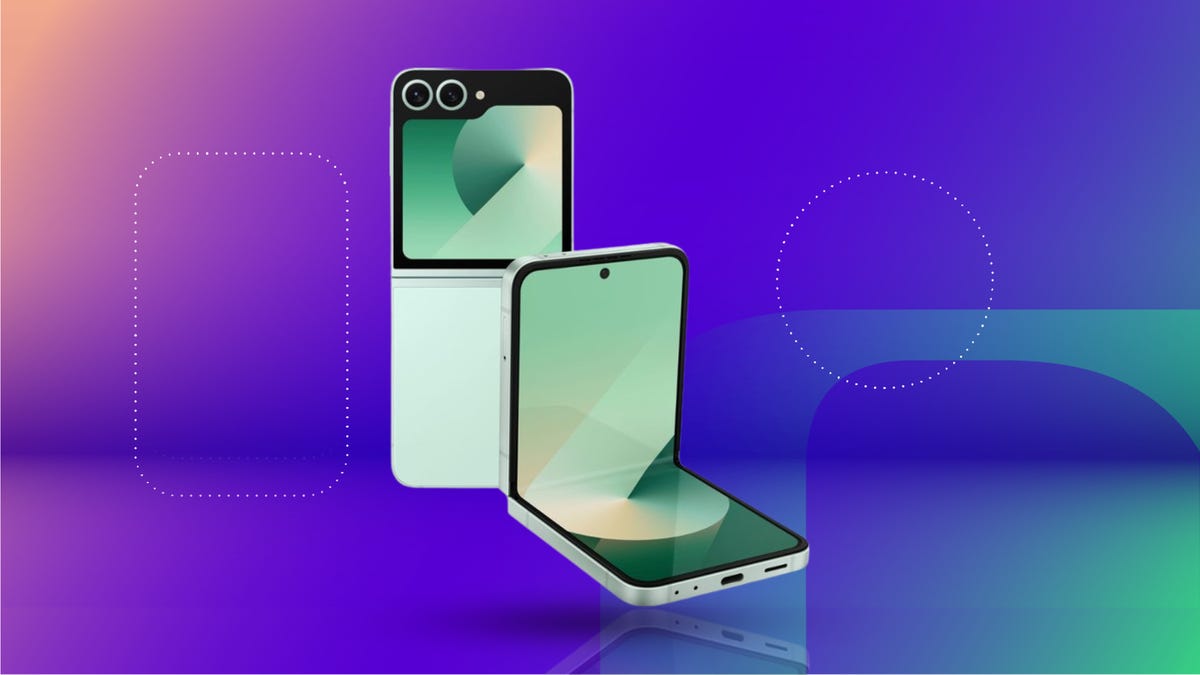 The Samsung Galaxy Z Flip 6 is displayed against a gradient blue background.