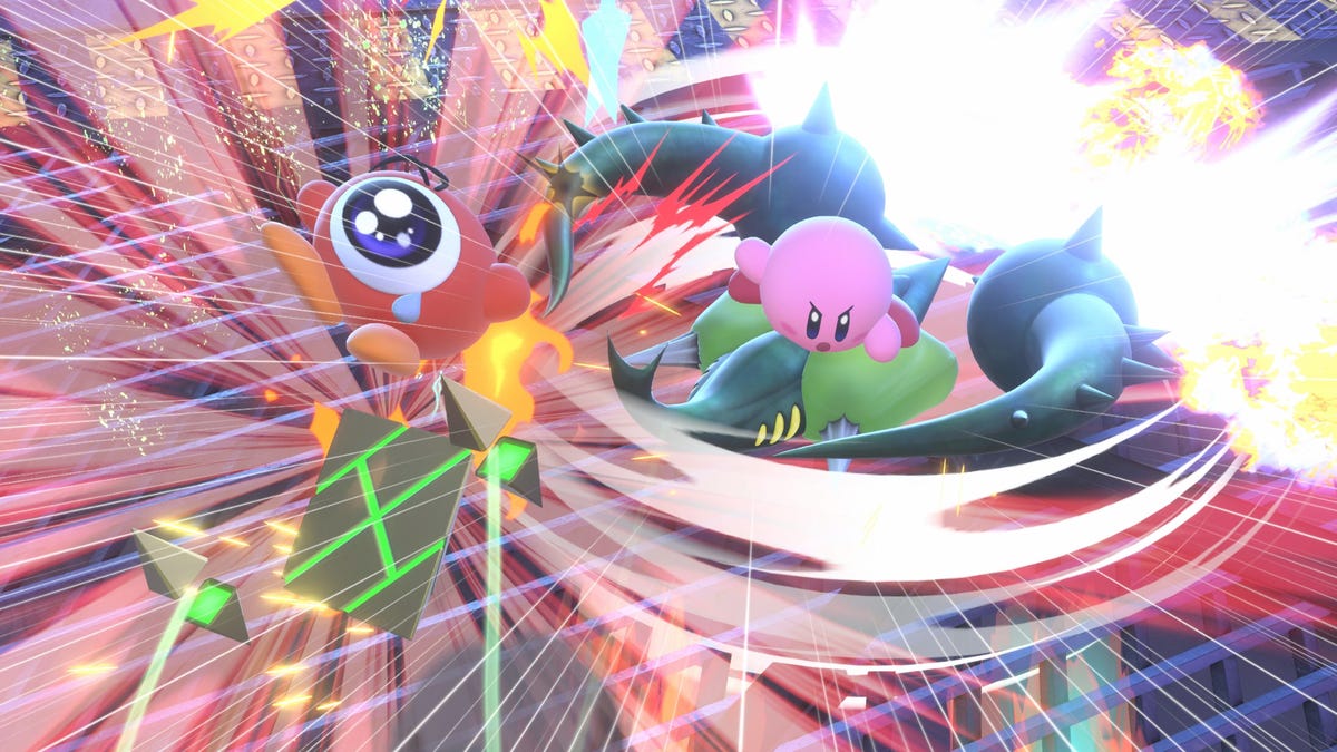 Kirby characters battling in explosions of light in the game Kirby Air Riders