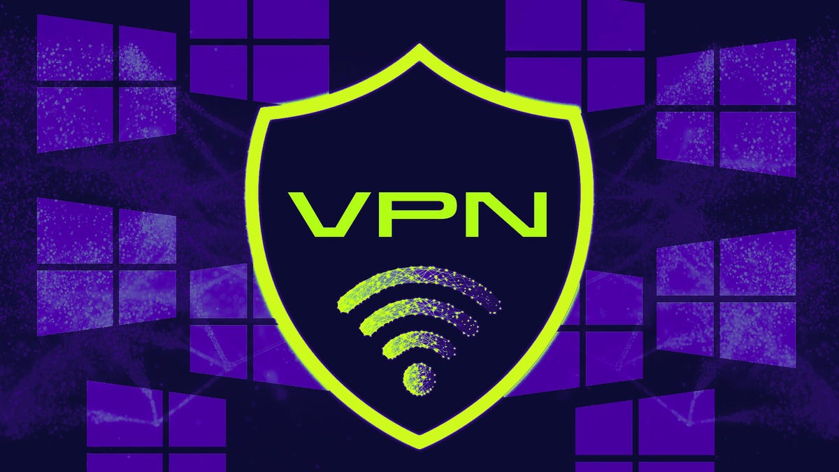 A shield with the word VPN surrounded by Windows logos on a purple background