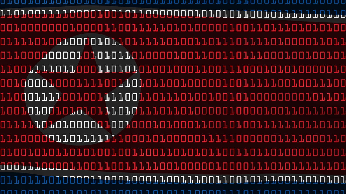 Illustration of North Korea's flag overlaid with binary code