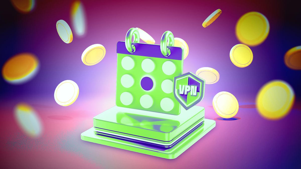 illustration of a green and purple VPN icon, on a lighter purple background, with gold coins falling around it