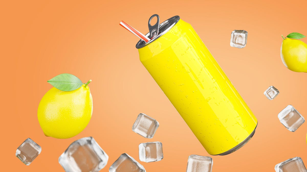 Canned soda with lemons and ice.