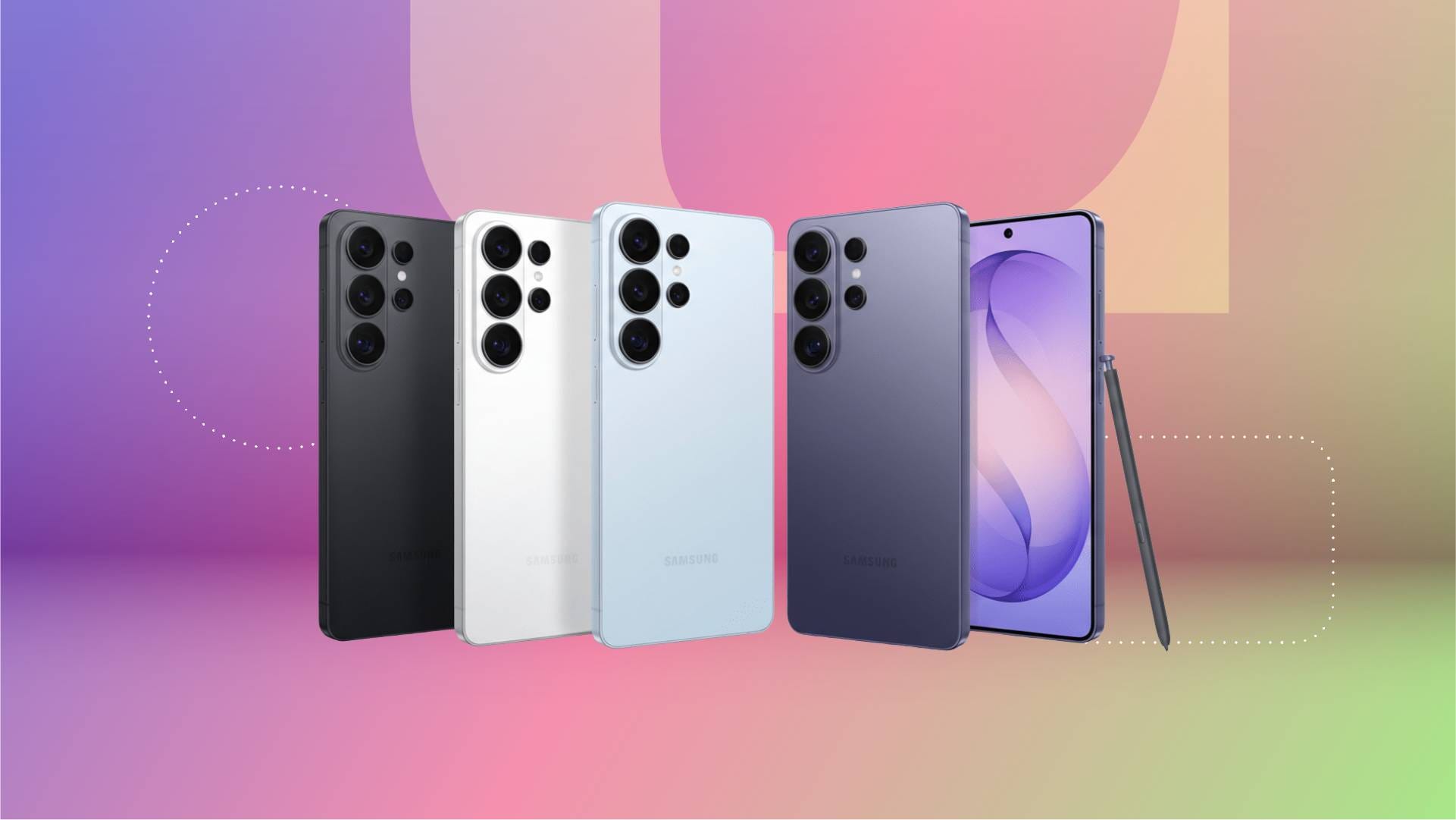 Four different colored phones against a purple/pink gradient CNET background.