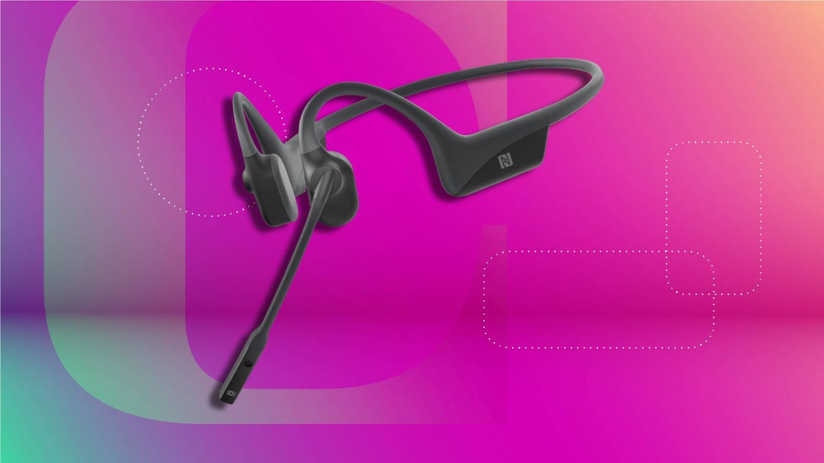 A Shokz OpenComm 2 headset on a CNET background