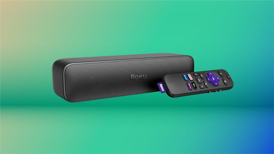 Black Roku speaker with a black Roku remote control, set against a green background.