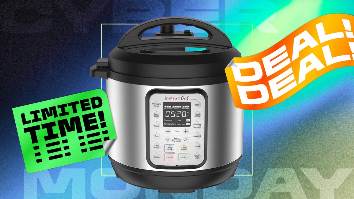 A stainless steel multicooker against a blue, yellow and black CNET background with the text "Cyber Monday Limited Time Deal."
