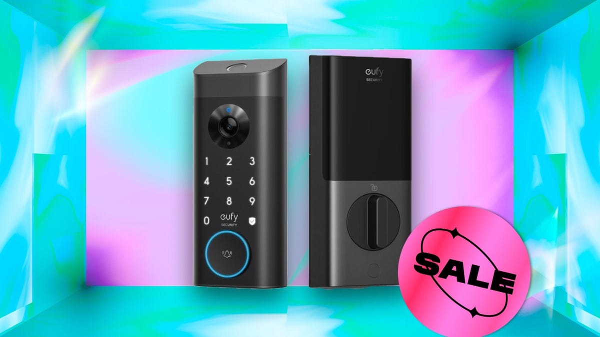 eufy E330 smart lock and video camera on a CNET background. A pink "sale" stamp is in the foreground of the picture.