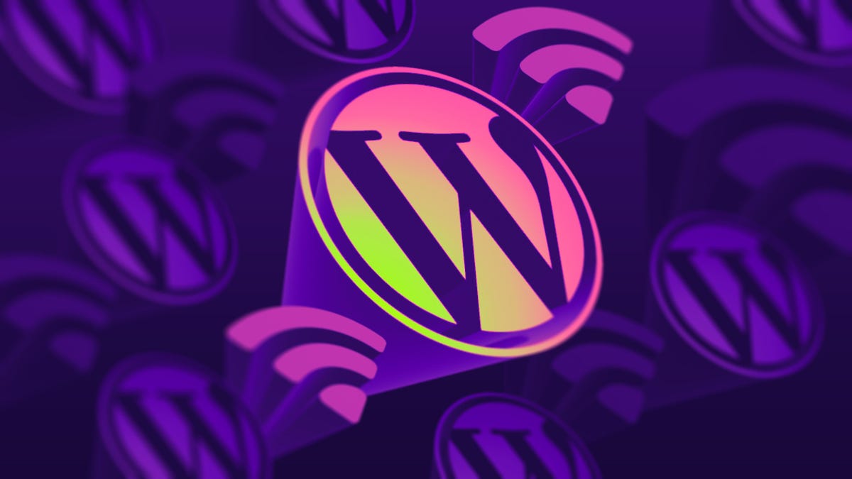 3D Wordpress and Wi-fi logos in perspective tiled and colorized against a purple background