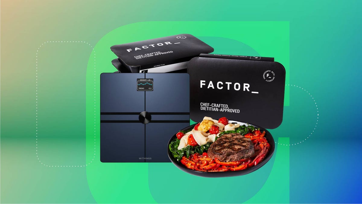 Several Factor75 meal kits and a Withings smart scale against a green gradient CNET background.