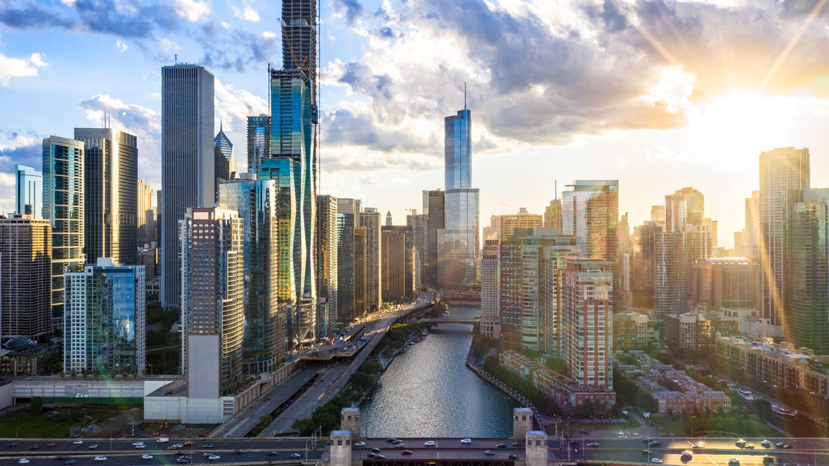 Aerial View of Downtown Chicago at Sunset