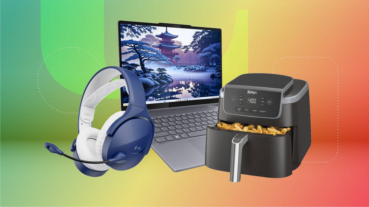 A gaming headset, laptop and air fryer against a green and red gradient CNET background.