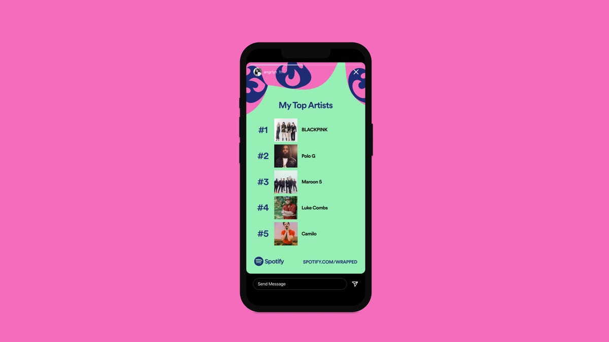 A mobile phone with a mint-green screen shows the top 5 artists streamed by a Spotify user this year