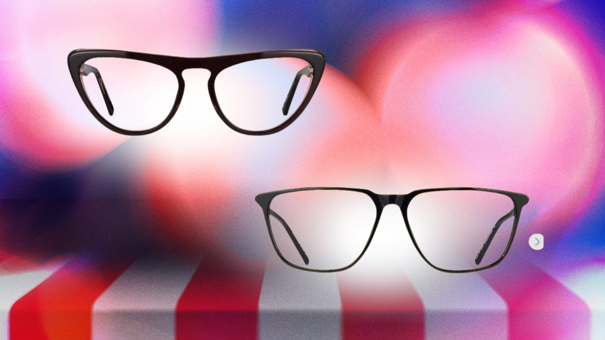 From left: black cat-eye glasses and square rounded edge black glasses against yellow CNET background