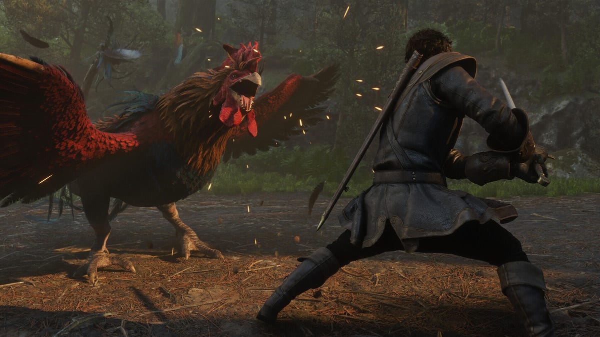 a hero faces off against a human sized rooster