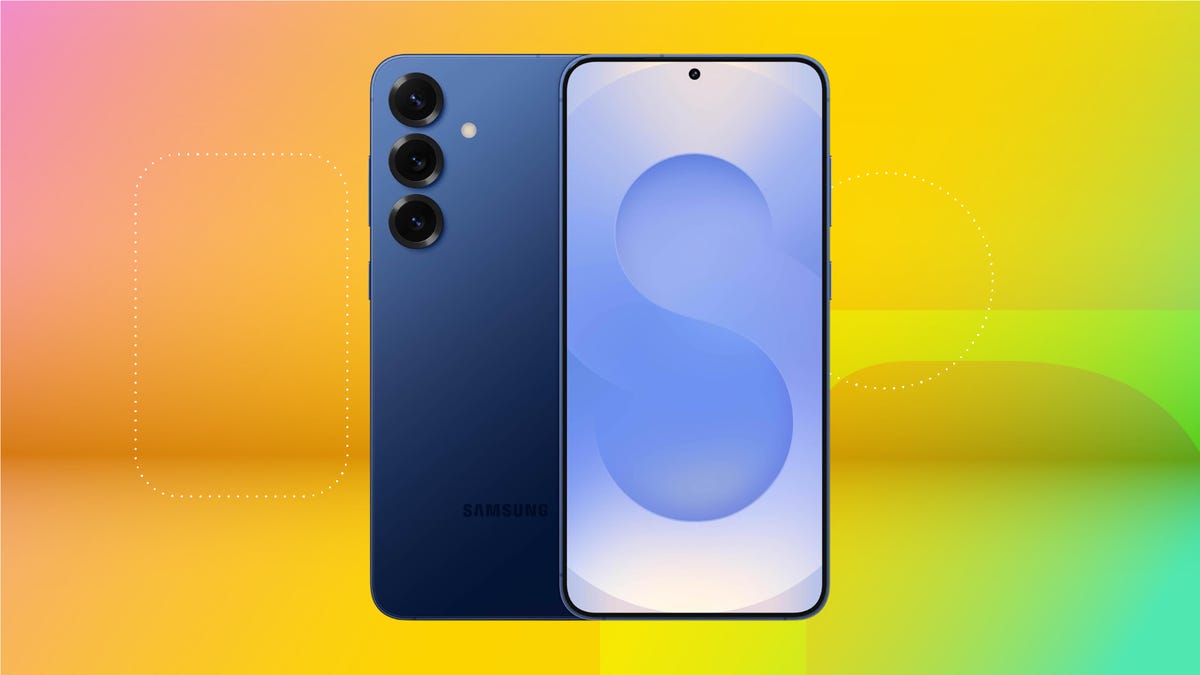 A silver Samsung phone against a blue and orange CNET background.