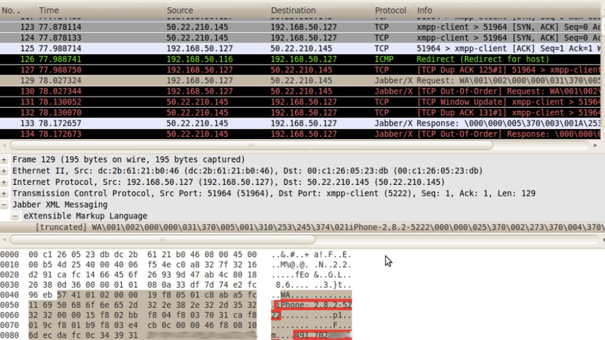 This screenshot shows how the user's mobile phone number is being transferred in plaintext.