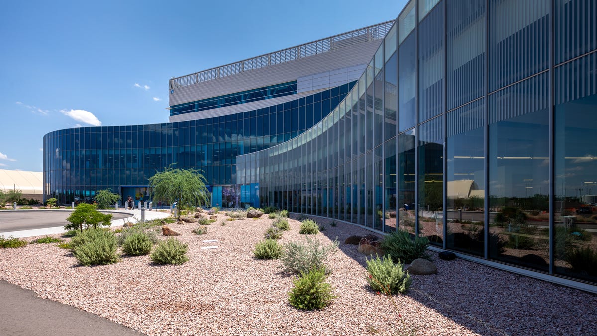 Intel's Fab 42, a massive glass-fronted chip plant in Chandler, Arizona