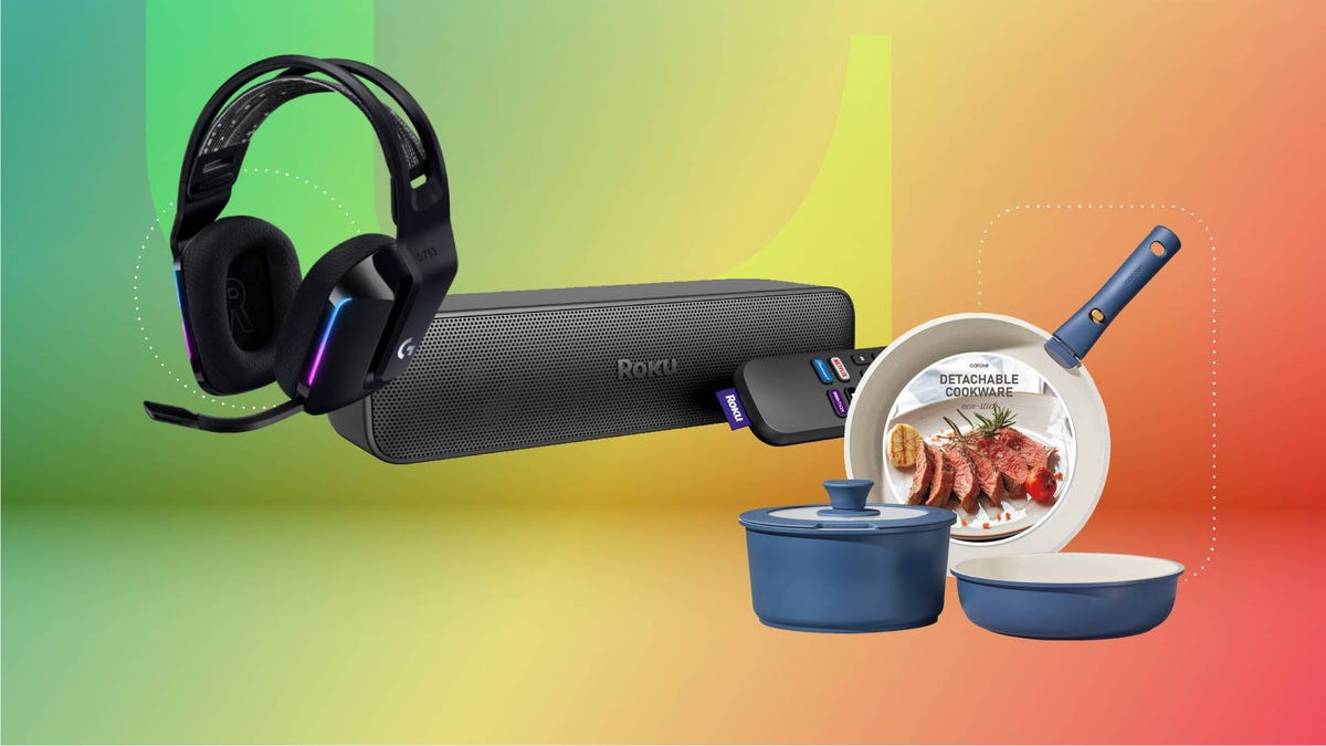 A gaming headset, soundbar and cookware set against a green/red gradient CNET background.