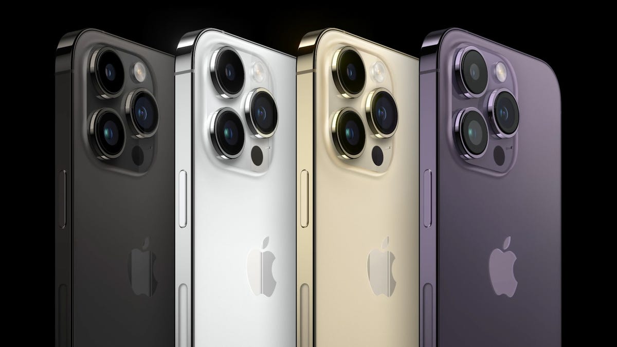 Side views of the iPhone 14 showing the black, silver, gold and deep purple colors